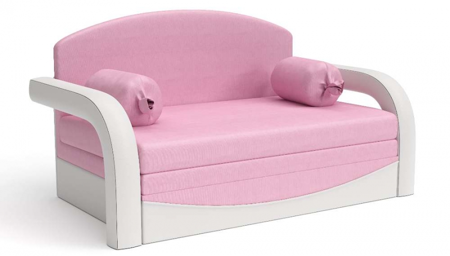 Прямой диван детский Элегия выкатной белая экокожа + розовый велюр