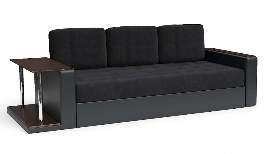 Прямой диван Адонис еврокнижка со столиком велюр черный + экокожа черная